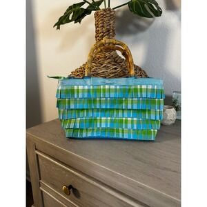 Vintage Braciano Blue Green Plaid Ruffle Bamboo Handle Handbag